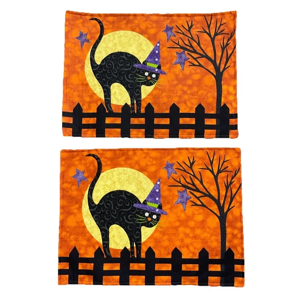 2 Halloween Placemats Black Cat Witch Hat Tree Moon Orange Purple Black